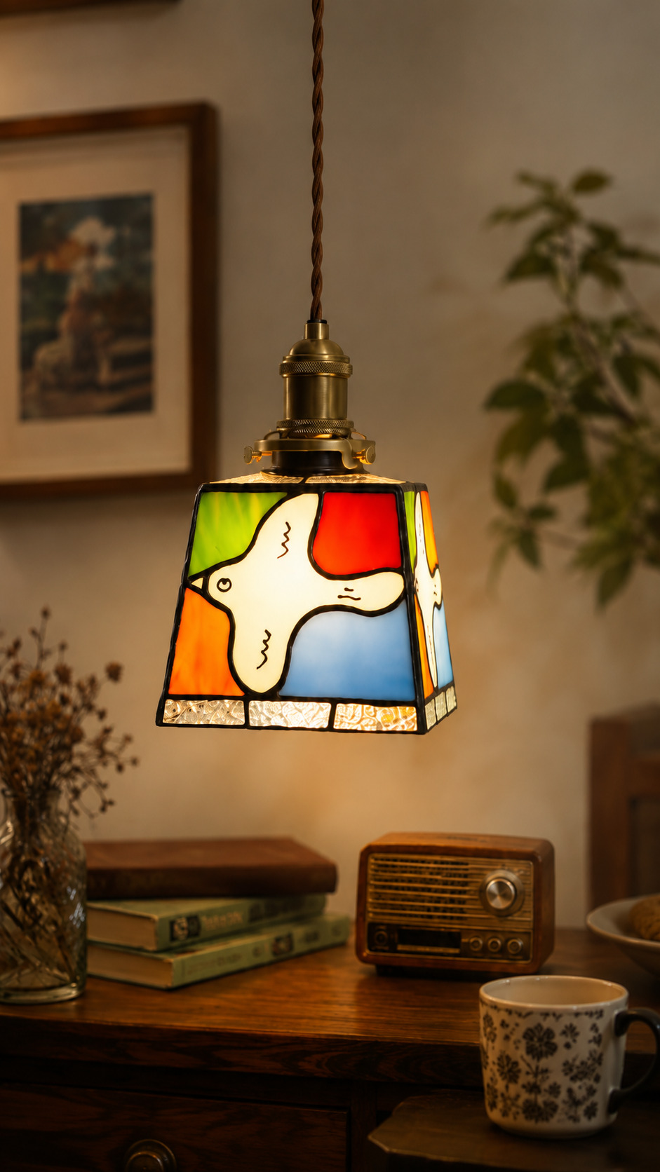 Vintage Stained Glass Bird Pendant Light