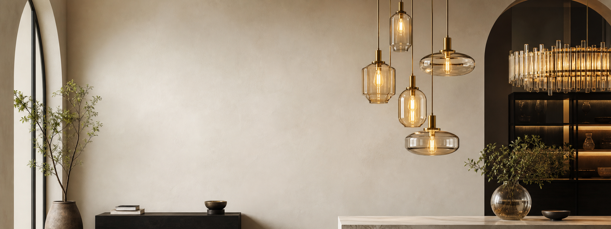 TuHubs Lighting Guides banner with warm modern pendant lights and chandelier